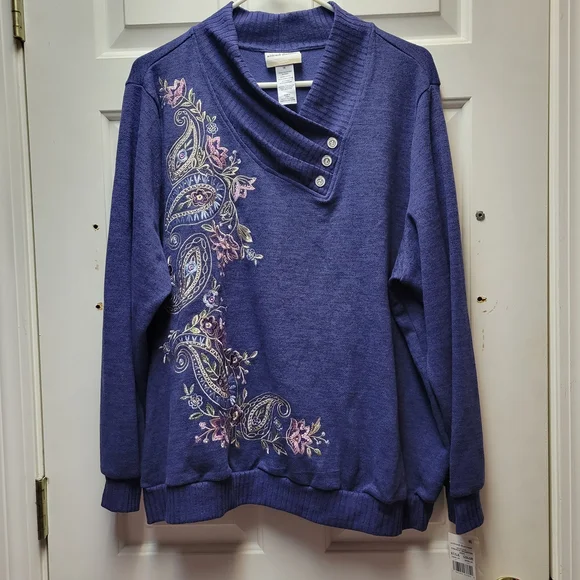 Alfred Dunner Blue Paisley Embroidered Cowl-Neck Sweater Size 1X Lightweight - Picture 1 of 6